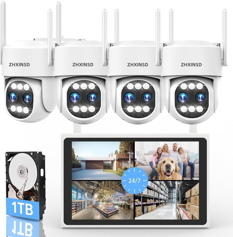 ZHXINSD Security Camera System 4PCS 8MP PTZ 10X Zoom 10in Monitor 4K NVR 1TB