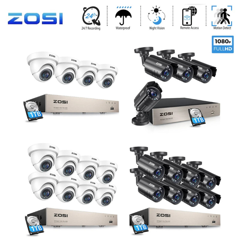 ZOSI 8CH H.265+DVR 1080P Outdoor Security Camera System CCTV IR Night Vision 1TB