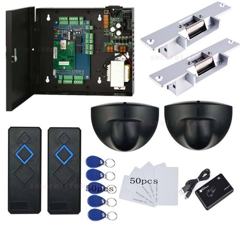 2 Doors Security Entry System Kit Exit Motion Sensor Strike NO Lock RFID Reader