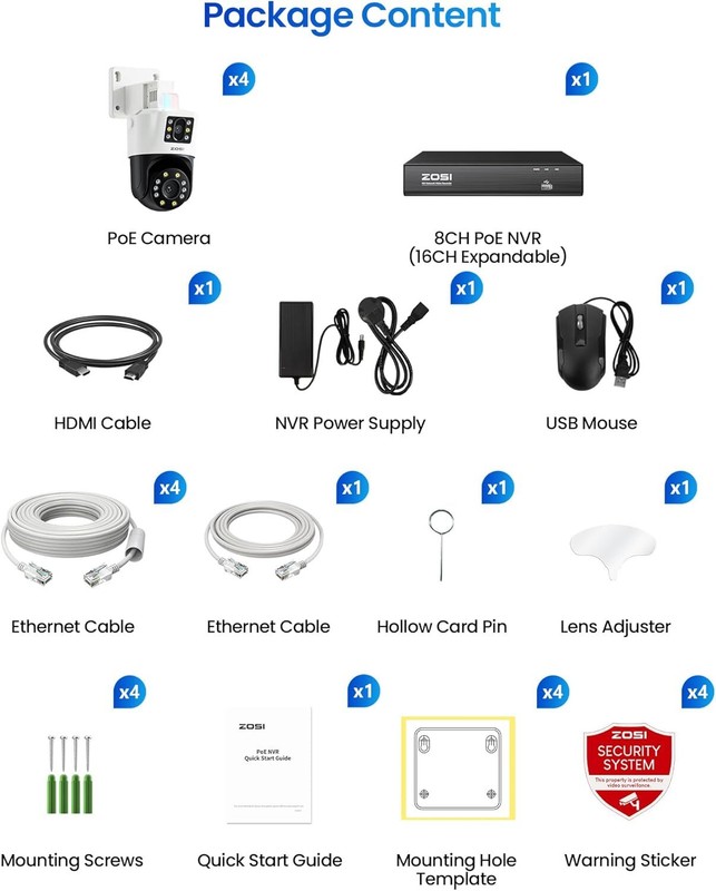 ZOSI 8CH 8MP NVR 4K Dual-Lens PoE Pan/Tilt (2x4MP) Security Camera System 2TB gallery