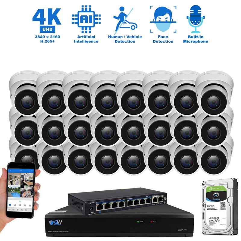 32 Channel NVR 24 X 4K Outdoor Indoor Microphone Turret Security Camera System