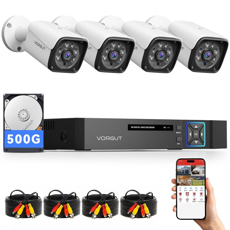Wired System Outdoor, 4CH 5MP Lite AHD DVR with 500G Hard Drive, 4 x 3MP Wire…