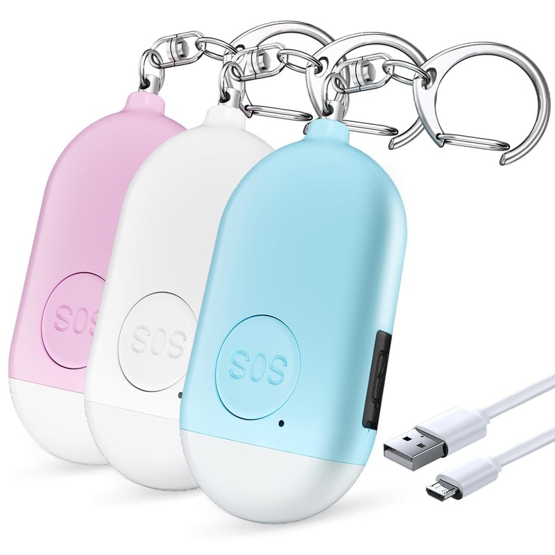 Personal Safety Alarm – 3-Pack – Rechargeable – Strobe LED Flashlight – SOS L…