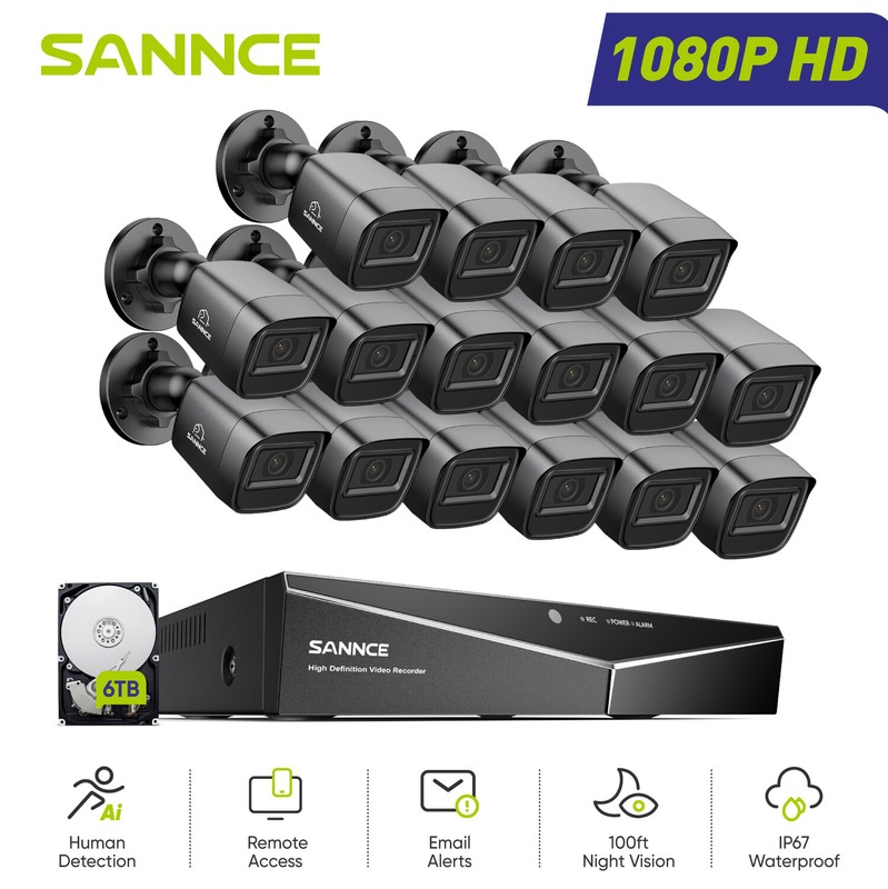 SANNCE 16CH DVR 1080P Video Outdoor CCTV Security Camera System Human Detection gallery