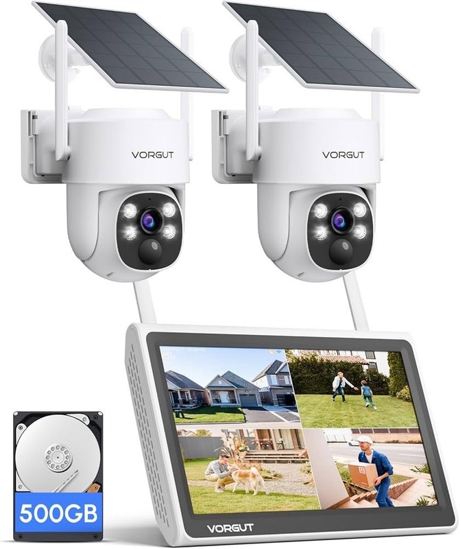 (YBL) Solar Wireless Security Camera System 2.5K PTZ 2 Cameras 10” Monitor NVR