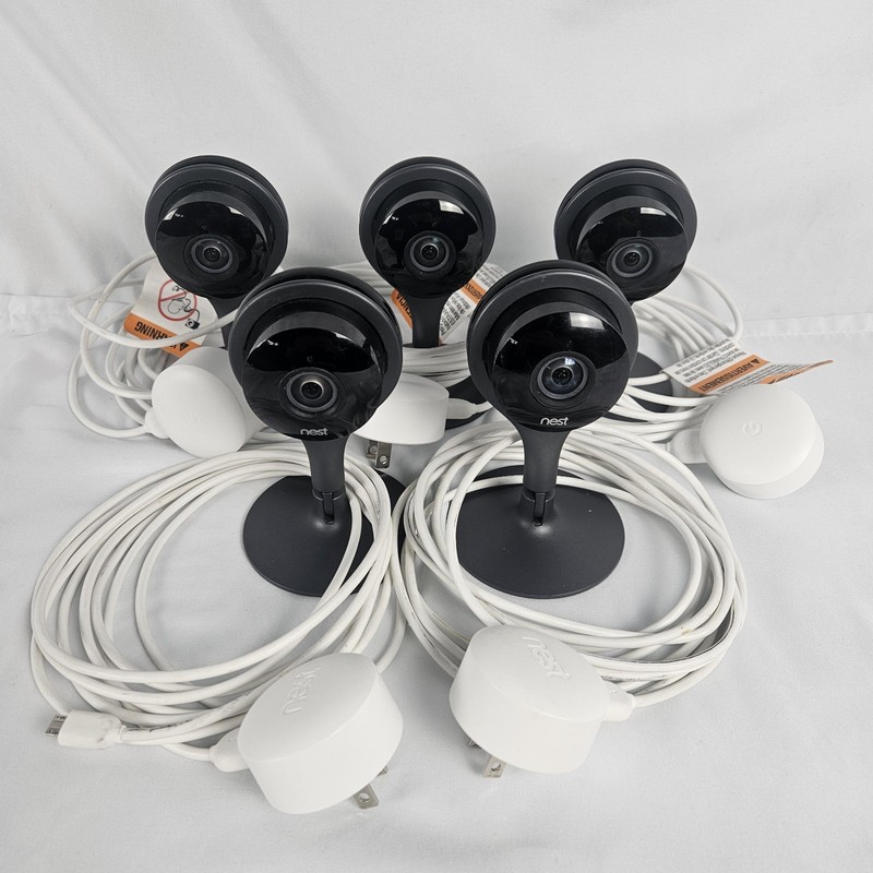 5x Google Nest Cameras 1st Gen A0005 Wired Indoor w/ OEM Power Supplies & Stands