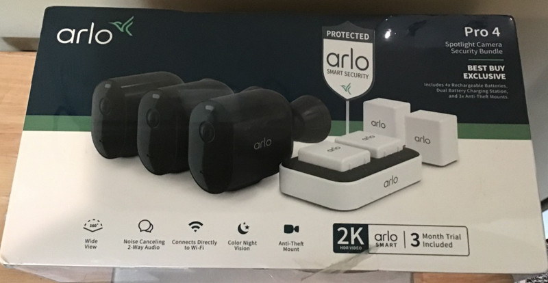 Arlo Pro 4 Spotlight Camera Security Bundle, 3x Wire-Free Cameras NEW SEALED!