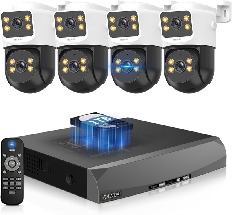 4K PoE Surveillance System, Dual Lens, Auto Tracking, PTZ, NV, DVR 1TB, 4 Camera