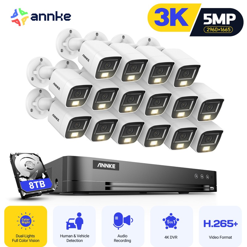 ANNKE 4K 16CH DVR 5MP Outdoor Color Night Security Camera System Audio H.265+