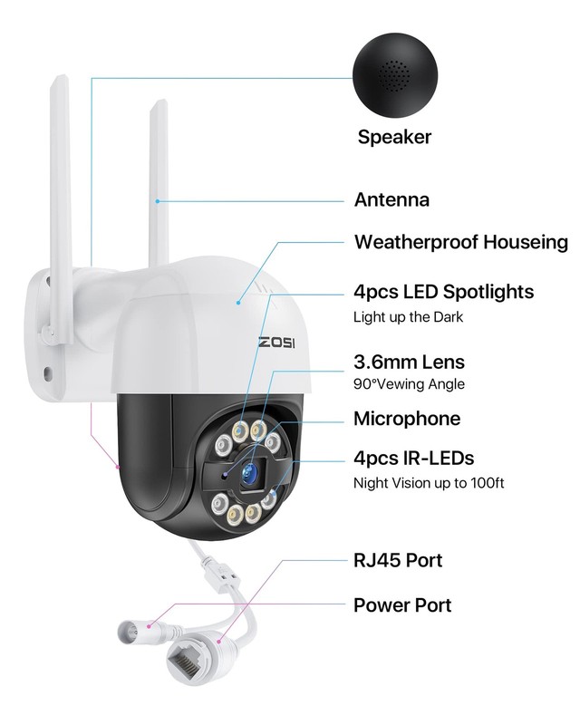 ZOSI 3MP PTZ Outdoor WiFi Security IP Wireless Camera Audio Motion Detection gallery