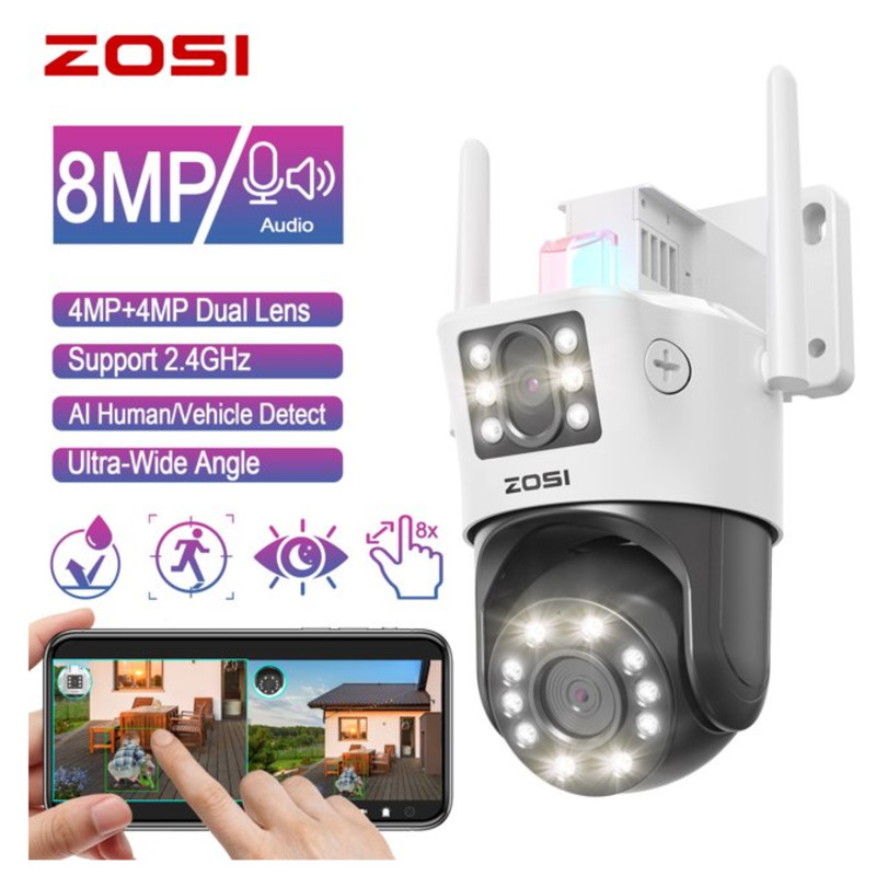 ZOSI 2.5K 4MP WiFi PTZ Security Camera Dual-Lens Wired Human Car Detect Audio