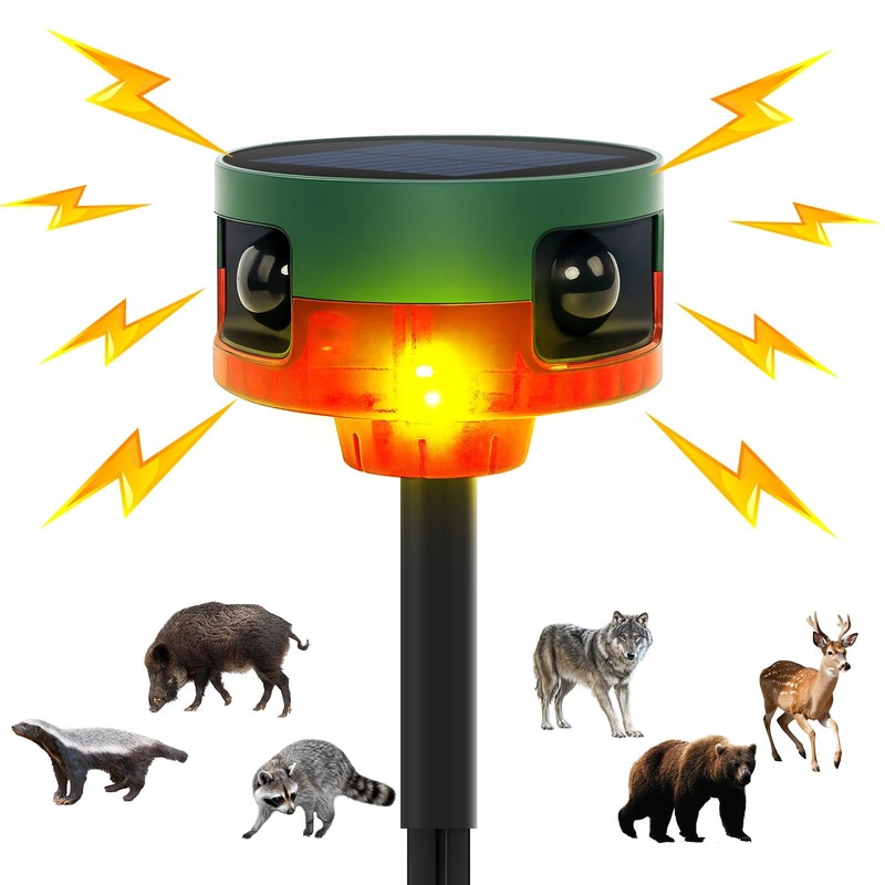 Solar Outdoor Motion Sensor Alarm, 130dB Dog Barking & Gunshot Sound, 13 Soun…