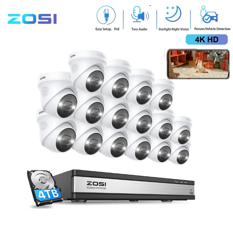 ZOSI 8MP 16CH NVR PoE 4K HD Outdoor Security Camera System IP Network AI Motion
