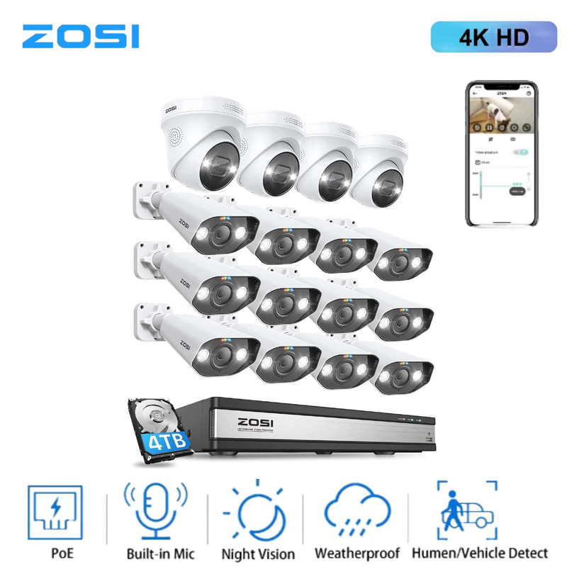 ZOSI 8MP 4K Outdoor PoE Security Camera System Audio for Home 24/7 Recording