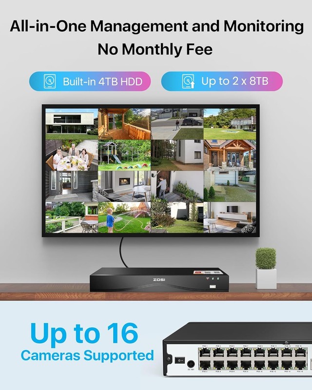 ZOSI 16CH 8pcs 4K 8MP PoE Security Camera System with 4TB HDD Outdoor AI Detect gallery