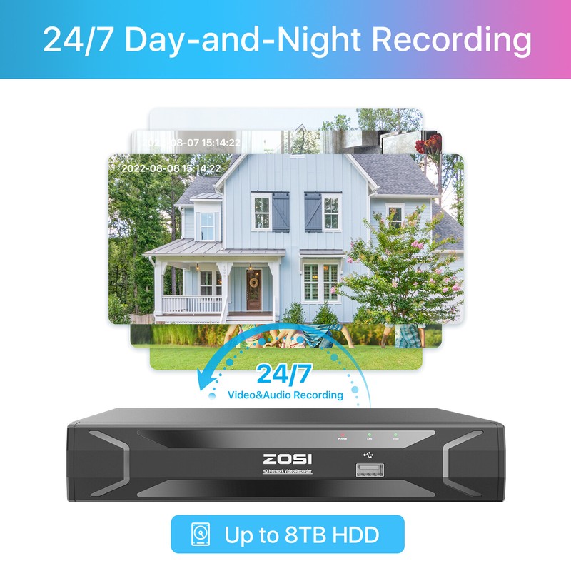 ZOSI 3K 8CH NVR 4MP PoE Security Camera System IP 1-Way Audio AI Detect CCTV 1TB gallery