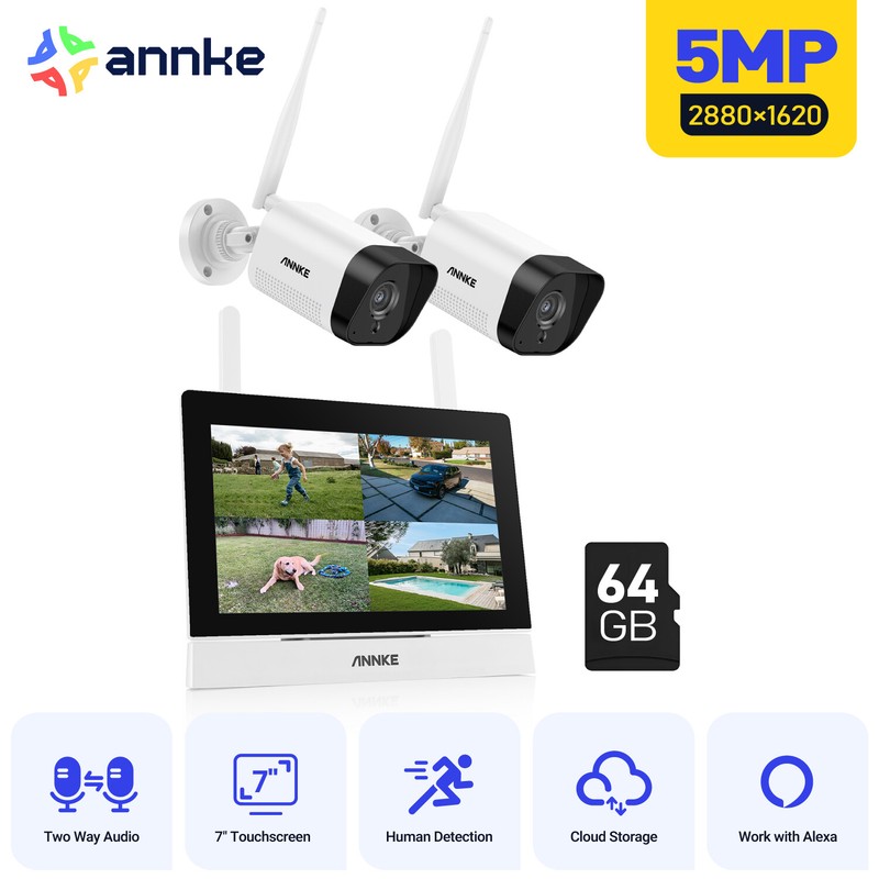 ANNKE Wireless 5MP Security Camera System 2-Way Audio 4CH 7″ Monitor W/64GB AI