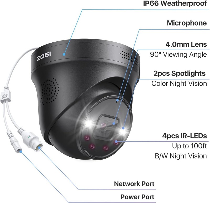 ZOSI 8MP 4K PoE Security Dome IP Camera Waterproof Work with 4K PoE NVR Add-on gallery