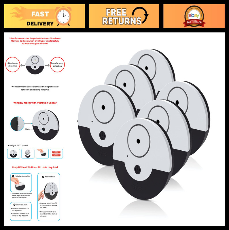 Extra Loud 130dB Window Alarm System - Vibration Sensors, Easy Install, 6 Set Bl