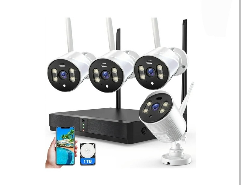 AUOSHI 4pcs Wired Security Camera NVR System with 1TB Hard Drive, New.