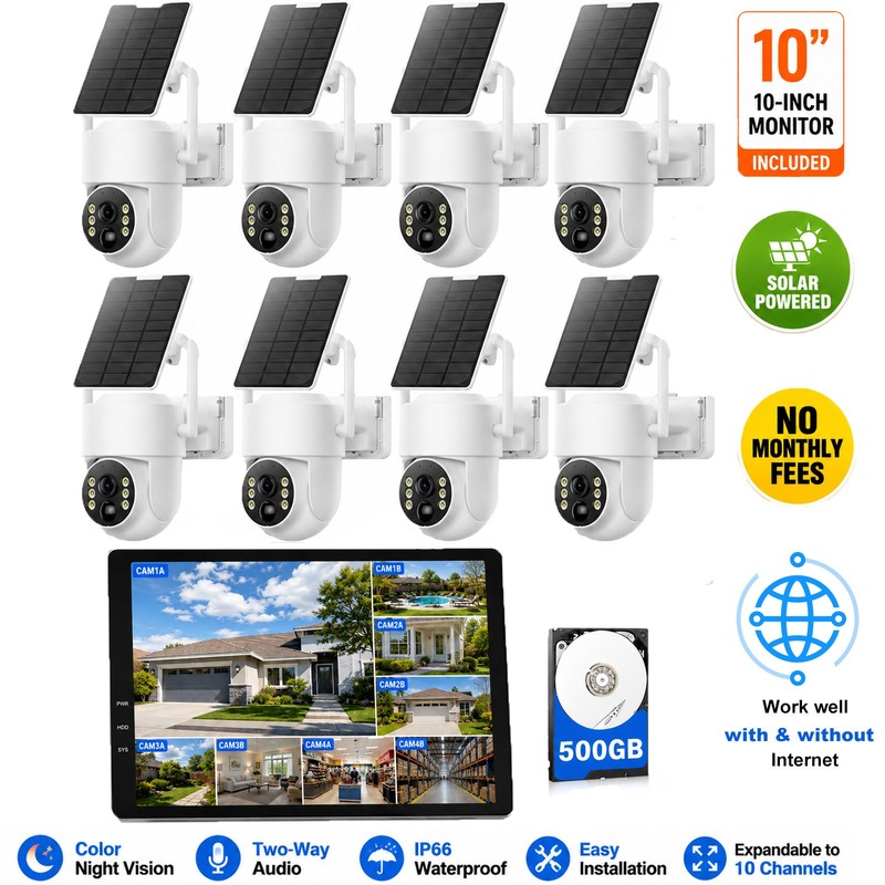 Solar Powered Wireless Security Camera System 4MP Outdoor 10CH NVR + Hard Drive