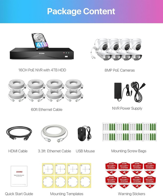 ZOSI 16CH 8pcs 4K 8MP PoE Security Camera System with 4TB HDD Outdoor AI Detect gallery