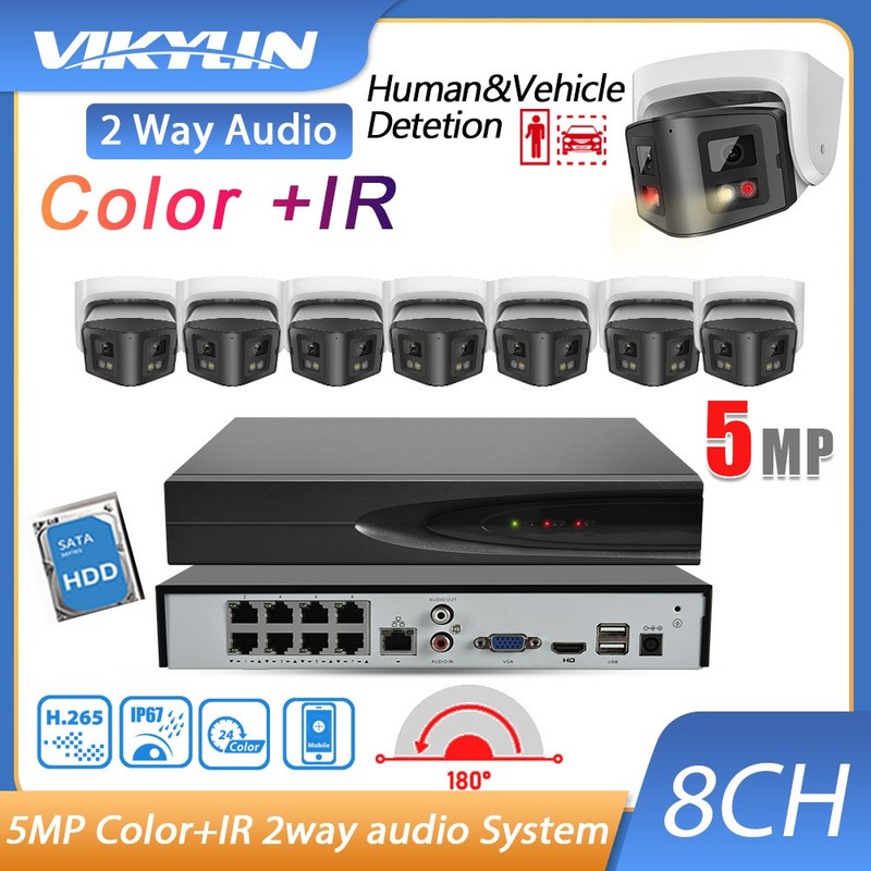 VIKYLIN 12MP 8CH 8POE NVR Color+IR 180 VIEW Bullet 4MP IP CAMERA MIC Speaker Lot