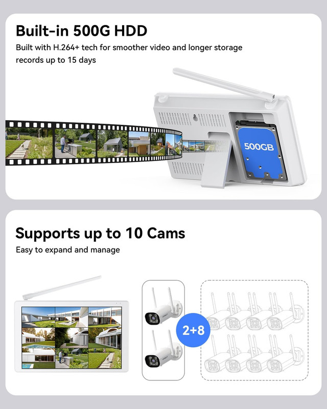 Wireless Security Camera System with 10" LCD Monitor, 2PCS 3MP Bullet Outdoor Ca gallery