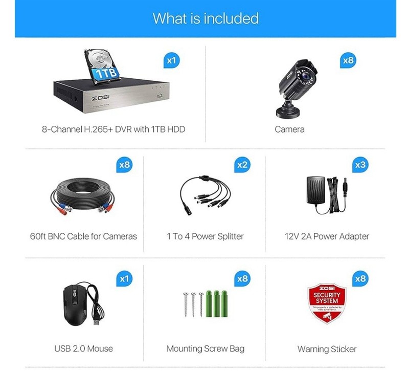 New ZOSI 8CN-211B8S-10-US 5MP Lite 8CH 1TB DVR H.265+ Security 8-Camera System gallery