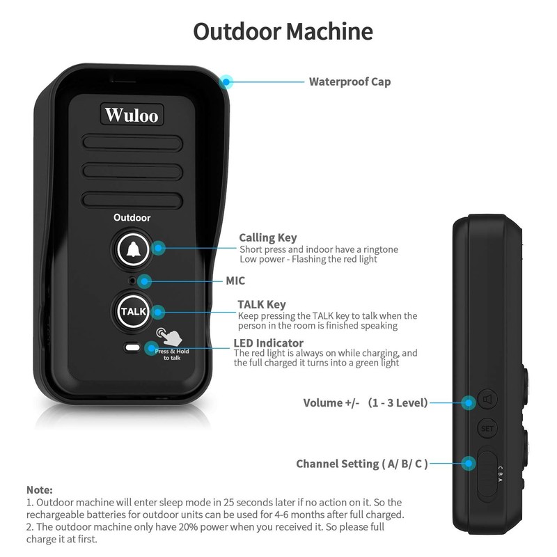 Wireless Intercom Doorbells for Home Classroom, Wuloo Waterproof 1&1-Black gallery