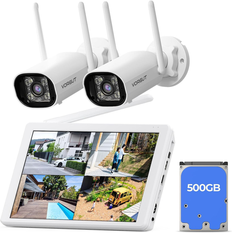 Wireless Security Camera System with 10″ LCD Monitor, 2PCS 3MP Bullet Outdoor Ca