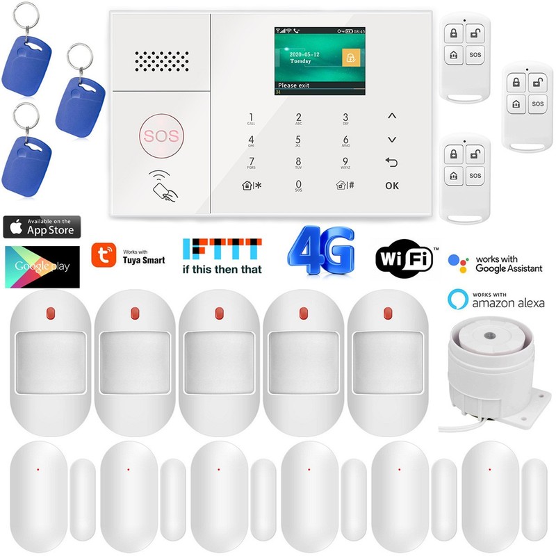 Tuya APP WiFi+US 4G Sim Wireless Kits Home Security Alarm System+Alexa+Google
