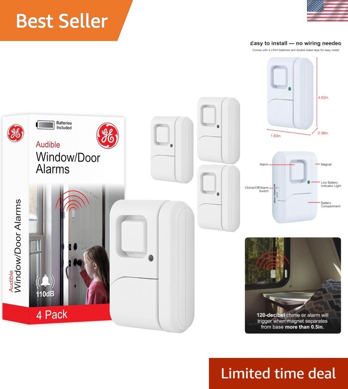 Peace of Mind with GE 4-Pack 120dB Window & Door Alarms - Battery Operated