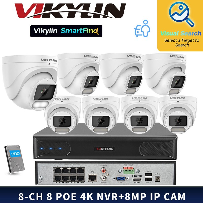VIKYLIN AI SmartFind MD 8CH NVR System ISP 4K 8MP POE Camera MIC F1.0 Color Lot