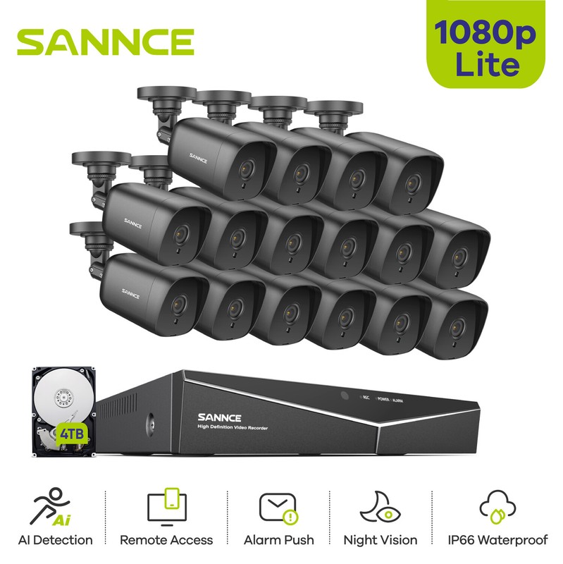 SANNCE H.264+ 16CH DVR 1080P Wired Home Security Camera System Outdoor IR Night