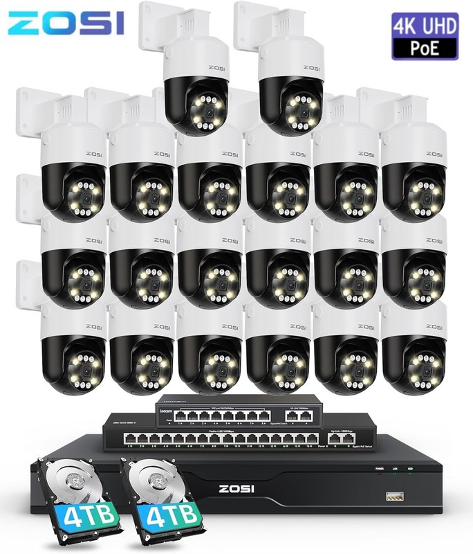 ZOSI 32CH 4K PoE Security Camera System 20x8MP Outdoor PT Camera 2 Way Audio 8TB