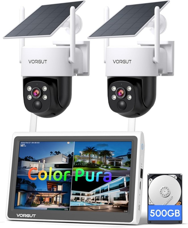 (YGL) Solar Wireless Security Camera System 2.5K PTZ 2 Cameras 10” Monitor NVR