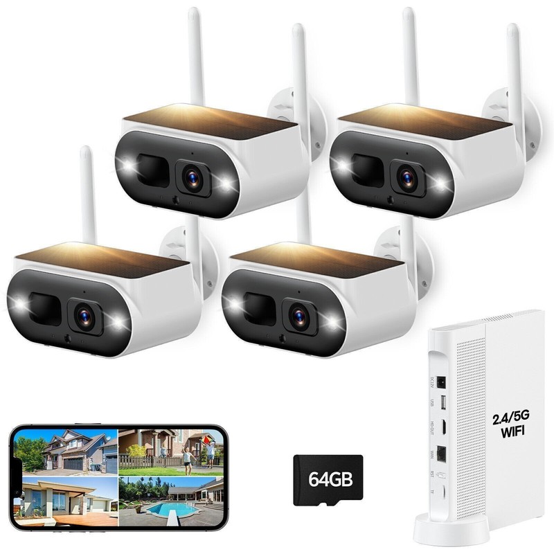 Solar Security Cameras Wireless Outdoor Home Security System 10CH NVR 4-Cameras