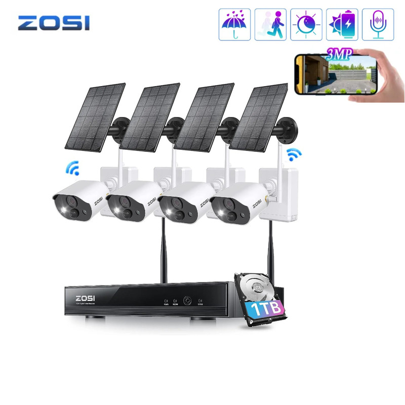 ZOSI 8CH 2-Way Audio 3MP Wireless Solar Battery Security Outdoor Camera System
