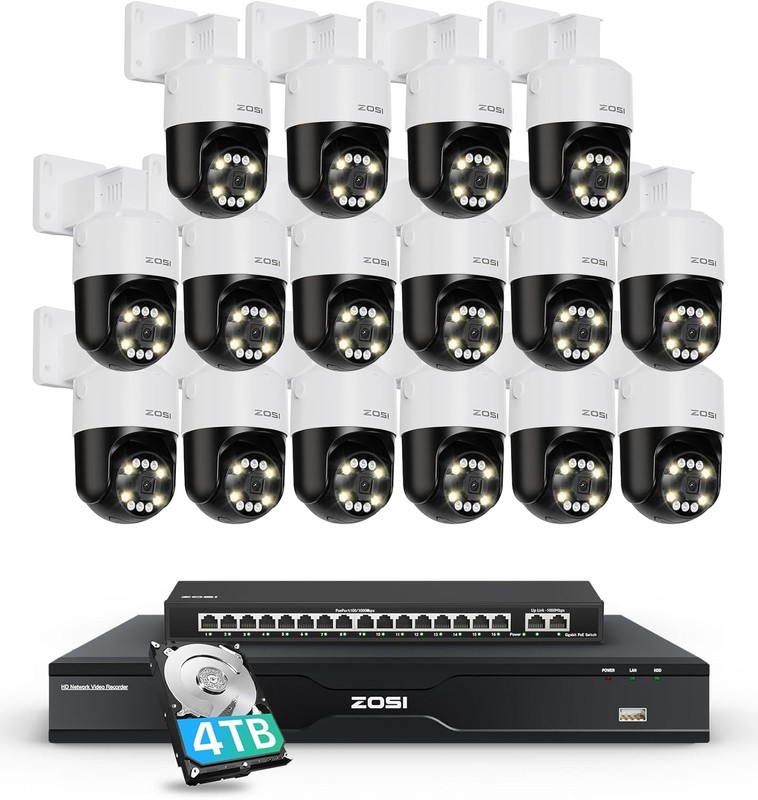 ZOSI 4K 32CH NVR 8MP PTZ PoE Security Camera System Night Vision AI Detect Audio