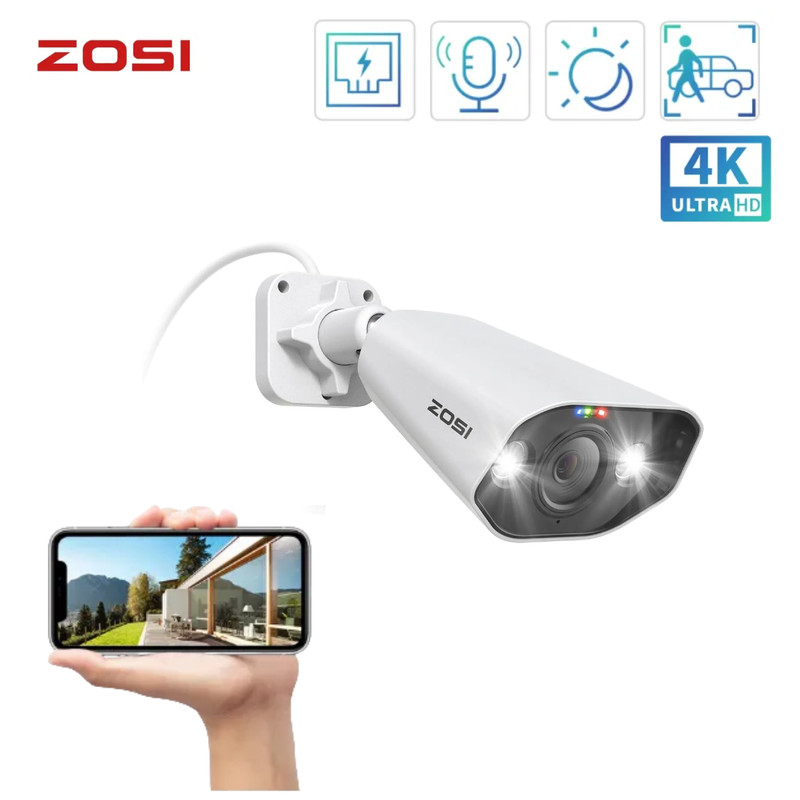 ZOSI 4K 8MP PoE Add-on IP Camera Person Vehicle Detection Two Way Audio Outdoor