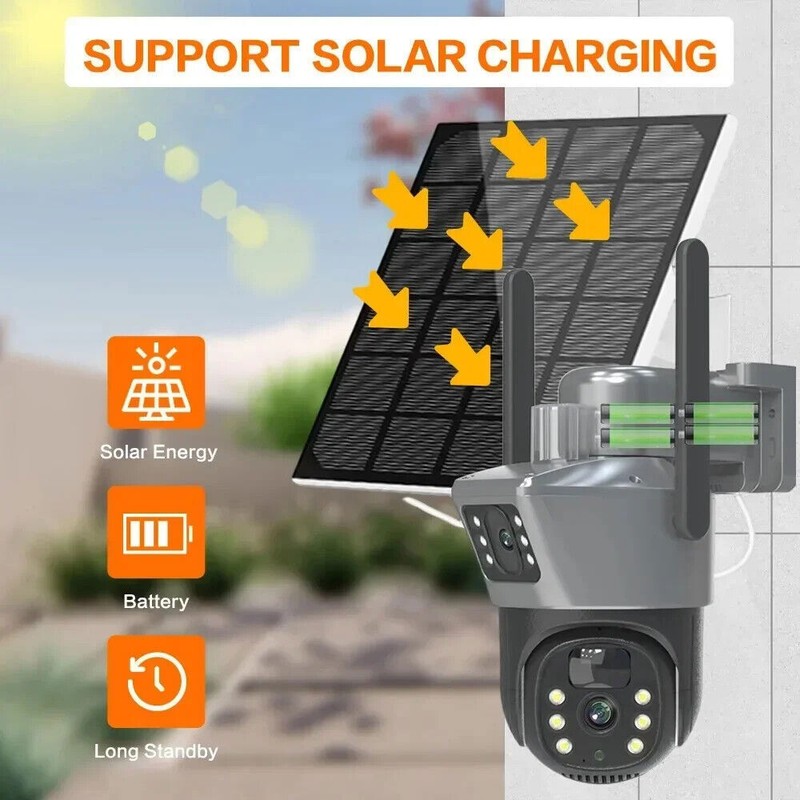 HD 4MP 2Lens WiFi Solar Camera Wireless Outdoor CCTV PTZ Home Security Cam USA