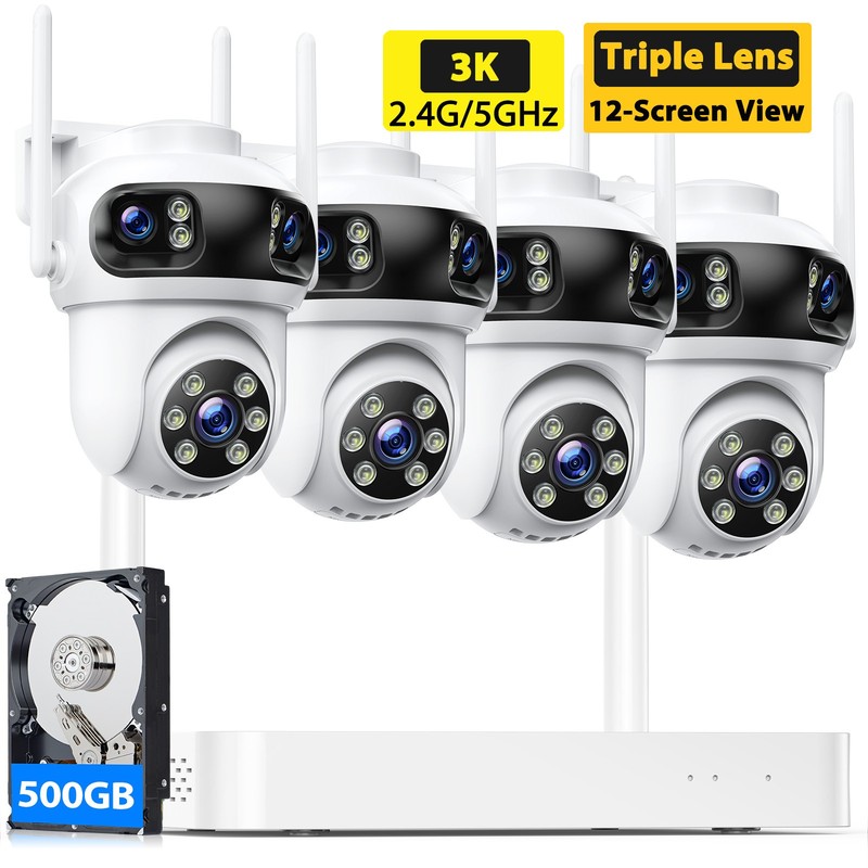 3K Wireless Security Camera System Triple-Lens 10CH NVR 3-Screen Outdoor Camera