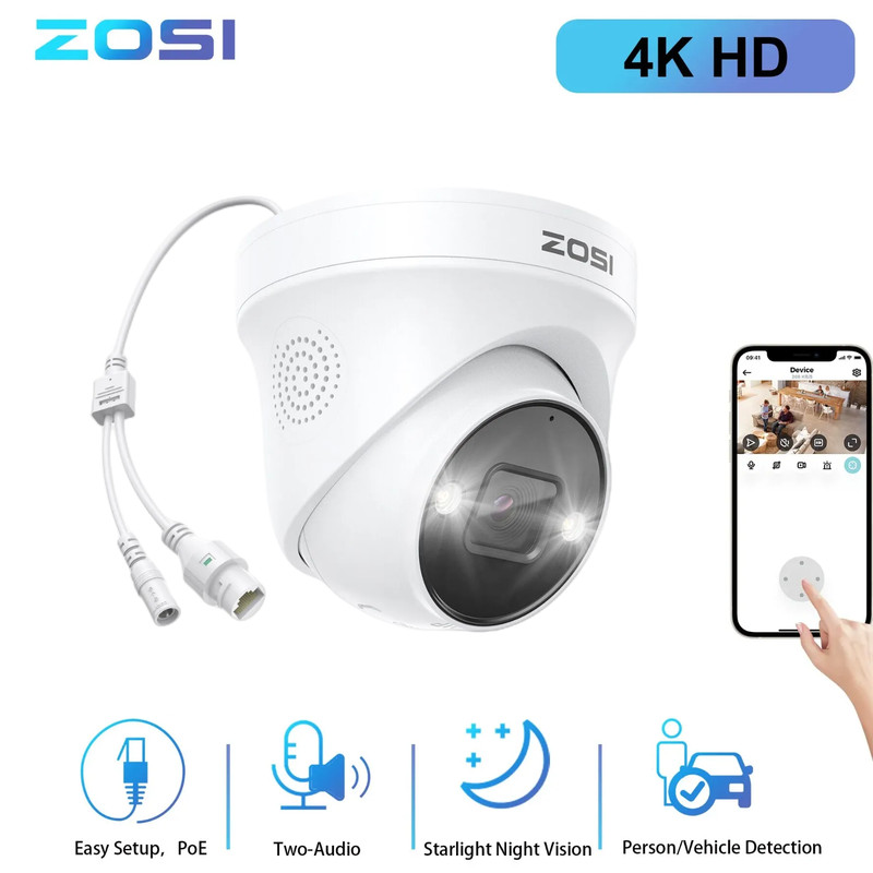 ZOSI 4K 8MP PoE Home Security IP Camera 2-Way Audio Outdoor Person Vehicle Alert