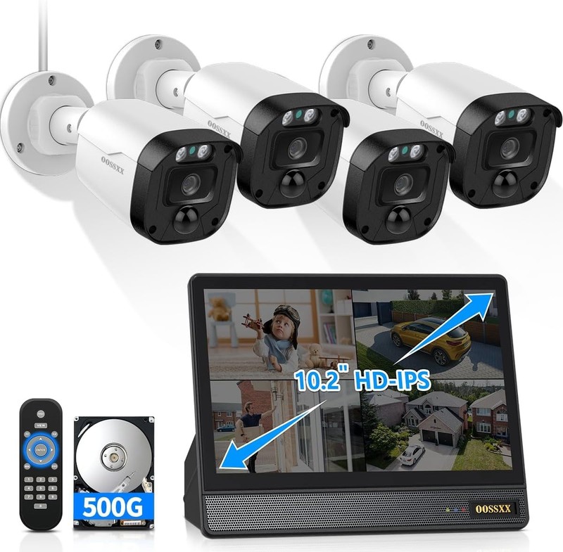 OOSSXX Full HD & 122° Ultra Wide-Angle Wired Security Camera w/UHD 10″ Monitor