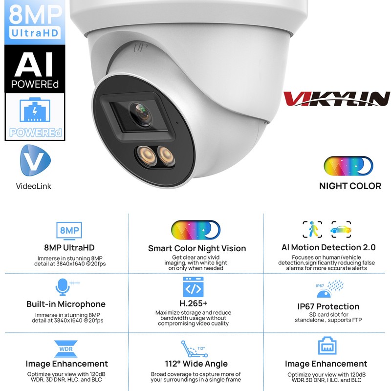 VIKYLIN 8CH NVR CCTV System 24h Full Color Mini/Turret POE 8MP IP Camera MIC Lot gallery